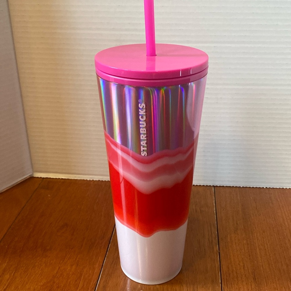 Starbucks 2021 holiday pink red white wave holographic 24 Oz cold cup tumbler